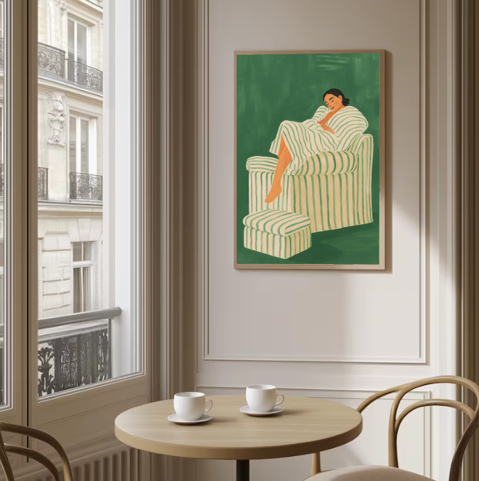 Comfort Chair Art Print – Neutral Relaxing Woman Artwork, Modern Interior Wall Art