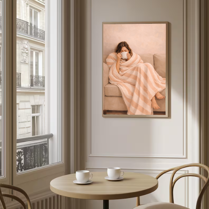 Cozy Minimalist Wall Art – Relaxing Hygge Coffee Moment, Neutral Aesthetic Home Decor Print