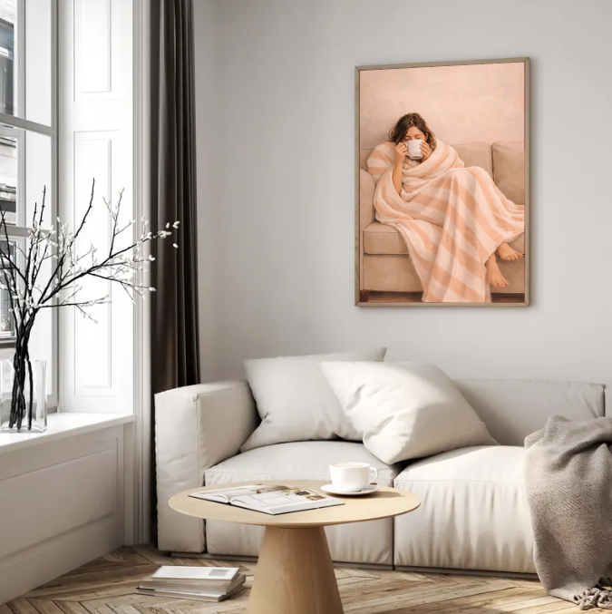 Cozy Minimalist Wall Art – Relaxing Hygge Coffee Moment, Neutral Aesthetic Home Decor Print