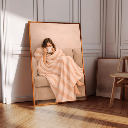 Cozy Minimalist Wall Art – Relaxing Hygge Coffee Moment, Neutral Aesthetic Home Decor Print