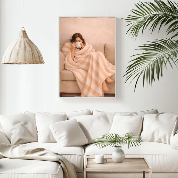 Cozy Minimalist Wall Art – Relaxing Hygge Coffee Moment, Neutral Aesthetic Home Decor Print