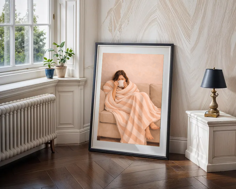 Cozy Minimalist Wall Art – Relaxing Hygge Coffee Moment, Neutral Aesthetic Home Decor Print