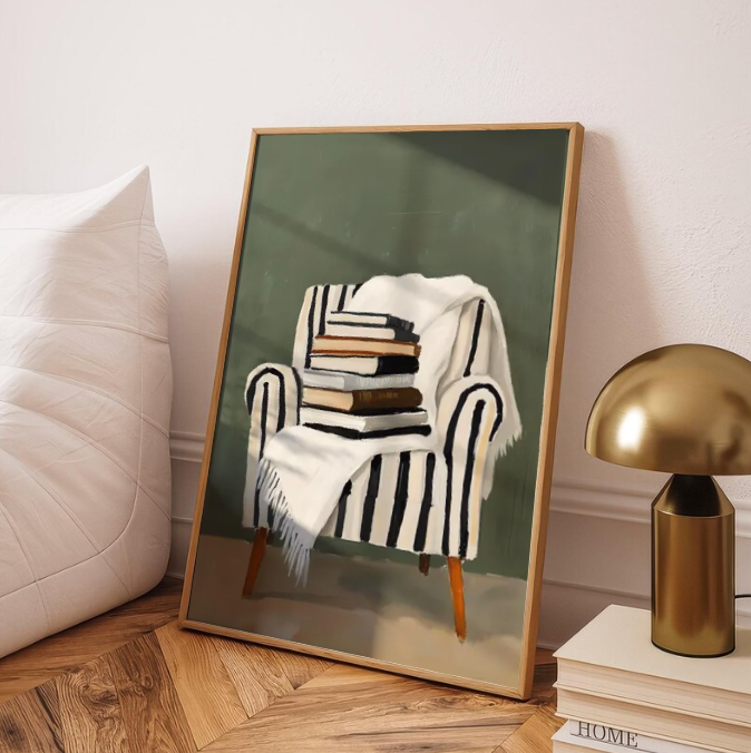 Cozy Reading Chair — Minimalist Books & Armchair Wall Art Print