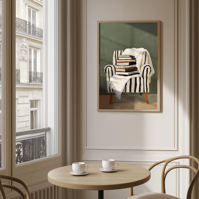 Cozy Reading Chair — Minimalist Books & Armchair Wall Art Print