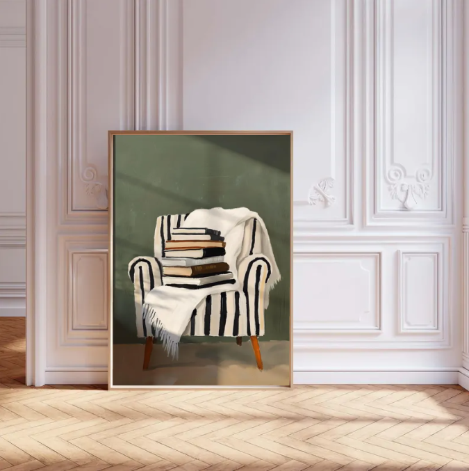 Cozy Reading Chair — Minimalist Books & Armchair Wall Art Print