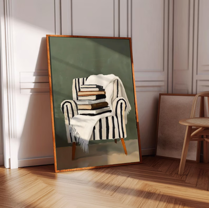 Cozy Reading Chair — Minimalist Books & Armchair Wall Art Print
