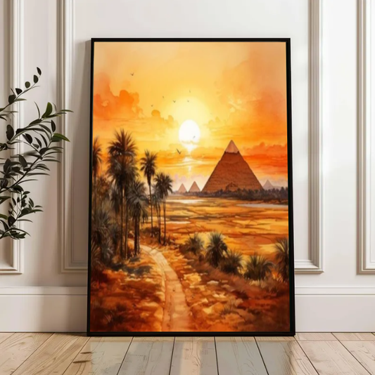 Golden Sunset Over the Pyramids — Egypt Desert Landscape Wall Art