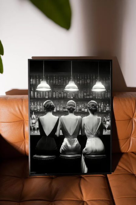 Vintage Glamour at the Bar — Elegant Women Black & White Wall Art Print