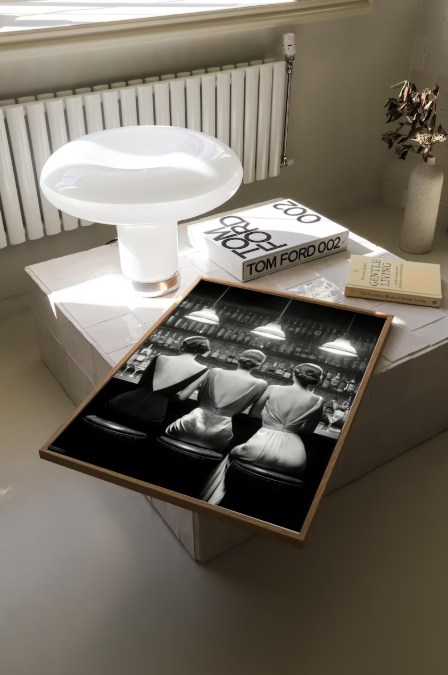 Vintage Glamour at the Bar — Elegant Women Black & White Wall Art Print