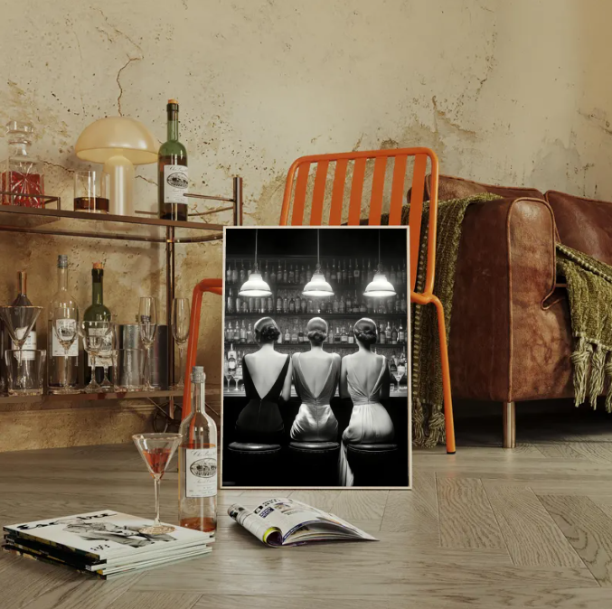 Vintage Glamour at the Bar — Elegant Women Black & White Wall Art Print