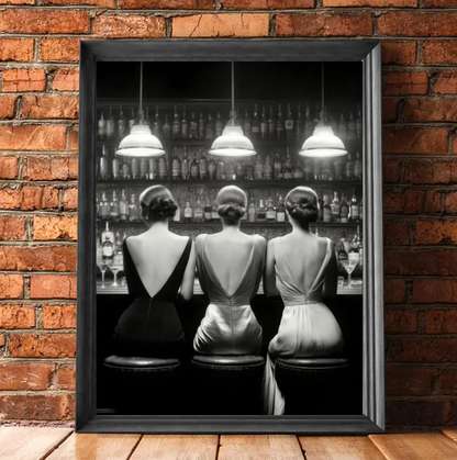 Vintage Glamour at the Bar — Elegant Women Black & White Wall Art Print
