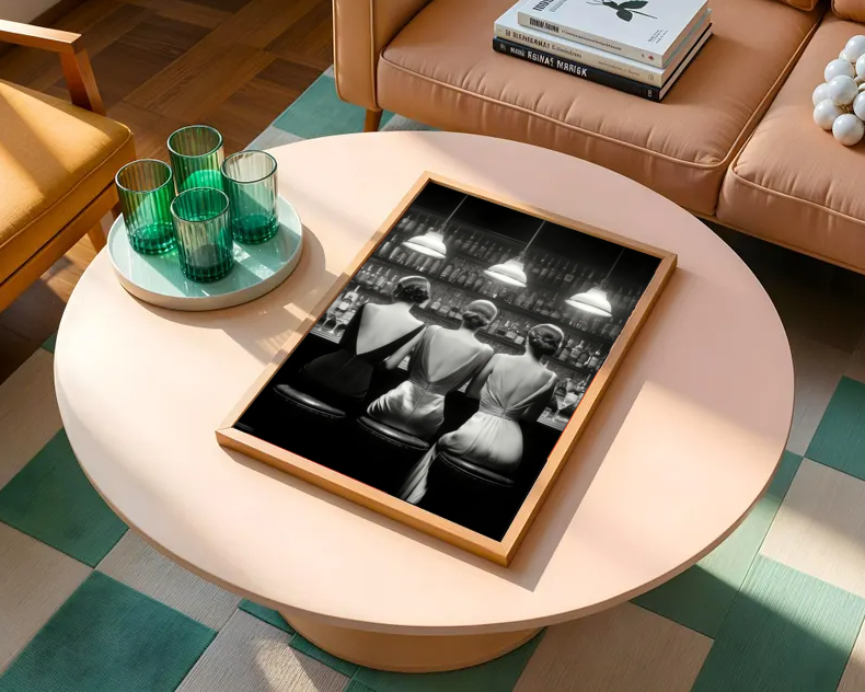 Vintage Glamour at the Bar — Elegant Women Black & White Wall Art Print