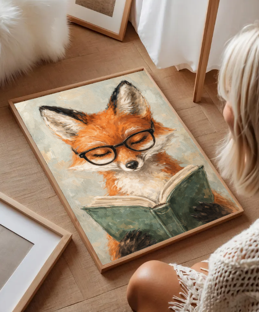 Fox Reading Book Wall Art, Whimsical Woodland Animal Illustration, Cozy Cottagecore Nursery Print, Book Lover Art, Printable Digital Download