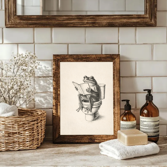Whimsical Frog Reading Art Print, Vintage Illustration Wall Art, Funny Animal Bathroom Decor, Cottagecore Humor Artwork, Quirky Printable Digital Download