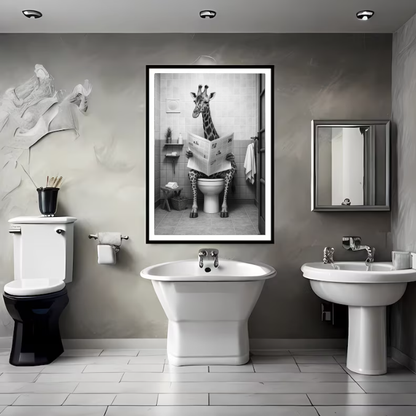 Funny Giraffe Bathroom Wall Art | Reading Newspaper Humor
