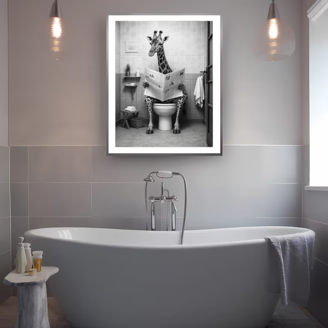 Funny Giraffe Bathroom Wall Art | Reading Newspaper Humor