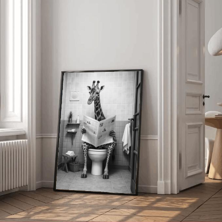 Funny Giraffe Bathroom Wall Art | Reading Newspaper Humor