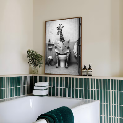 Funny Giraffe Bathroom Wall Art | Reading Newspaper Humor
