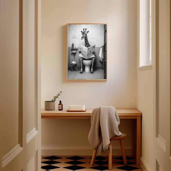 Funny Giraffe Bathroom Wall Art | Reading Newspaper Humor