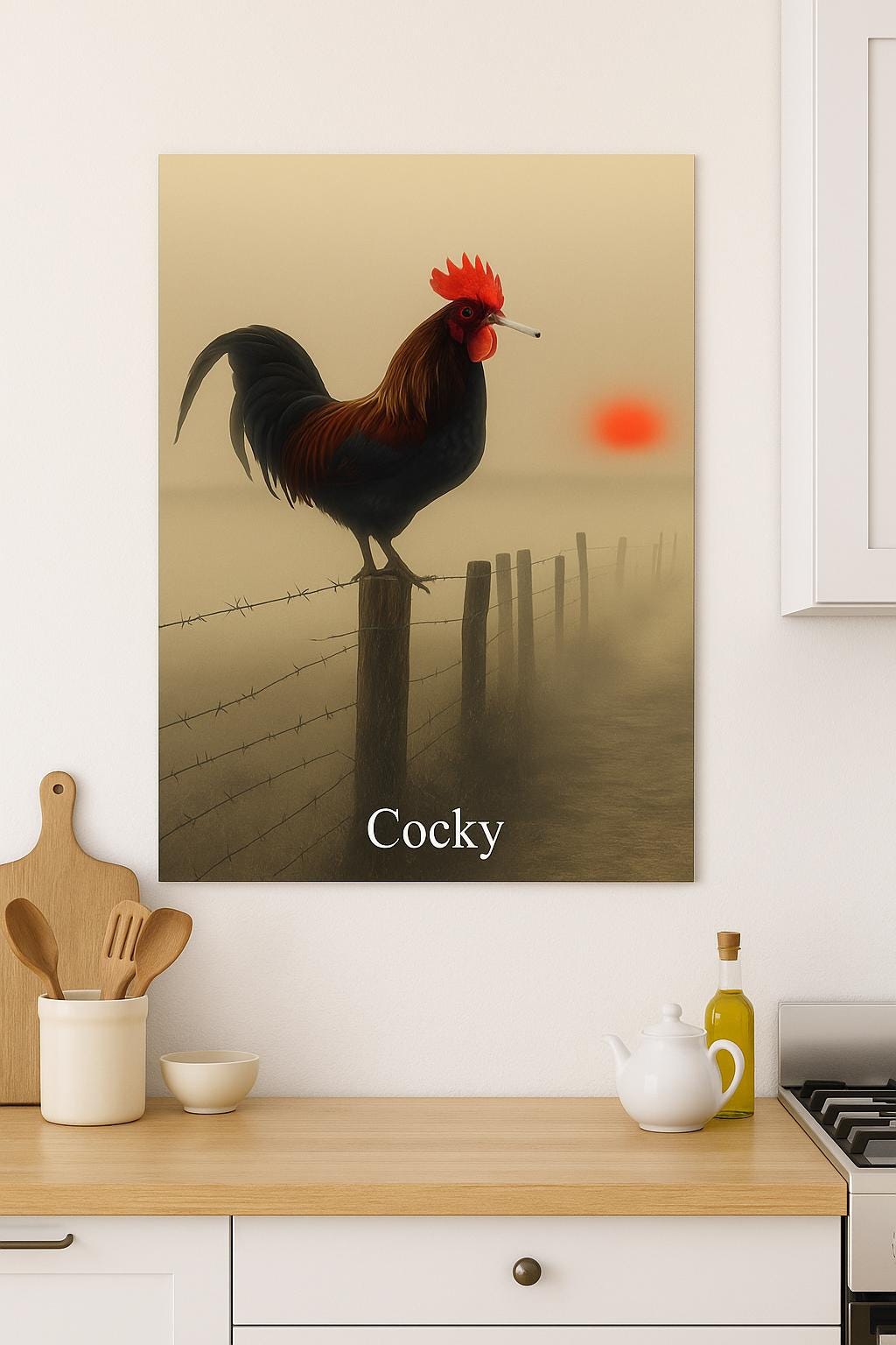 Funny Rooster Wall Art – Smoking Rooster ‘Cocky’ Print, Rustic Farmhouse Animal Décor, Gag Gift for Him, Barnyard Attitude Art, Edgy Poster