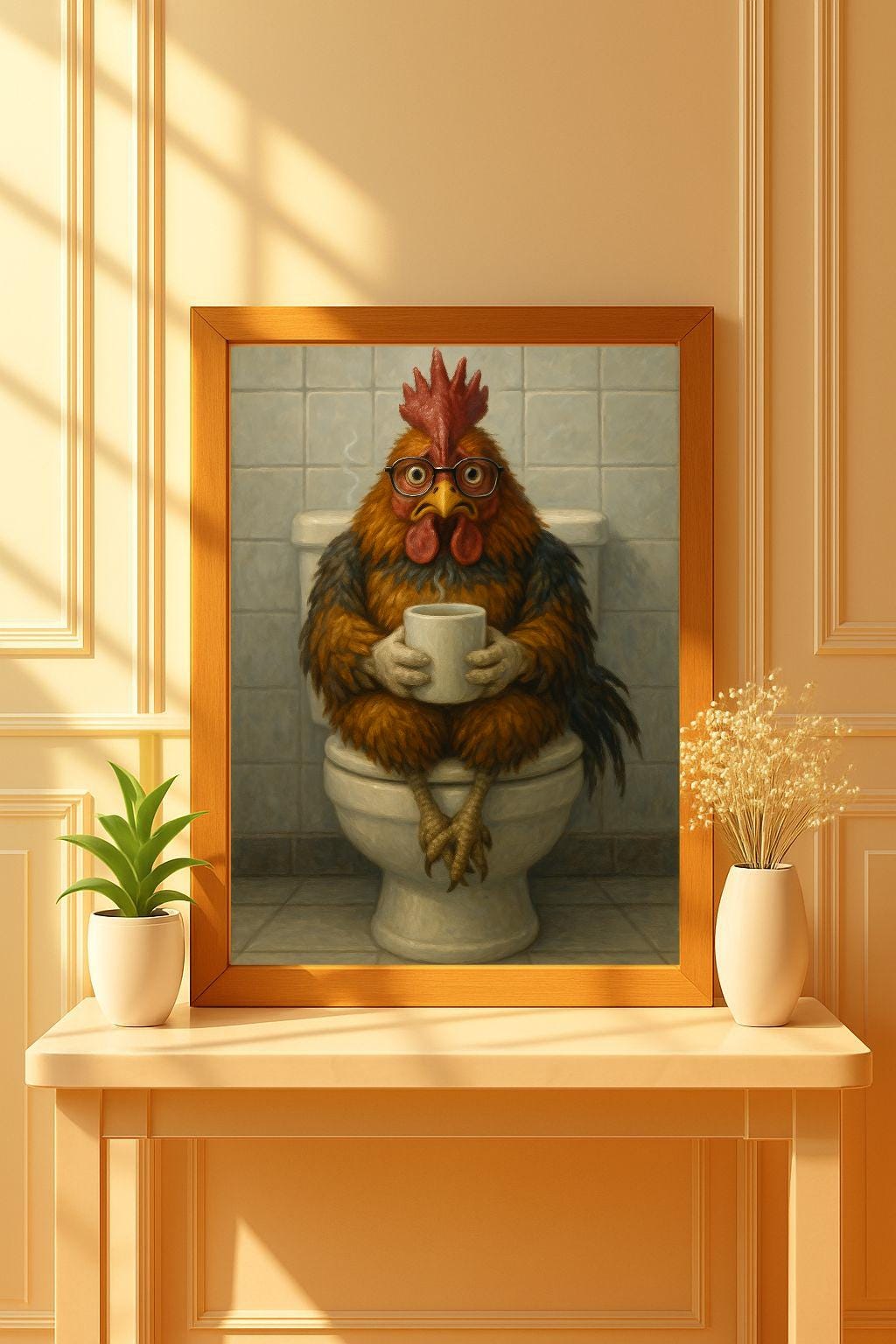 Funny Rooster Bathroom Print: Chicken on Toilet with Coffee (Digital Download)