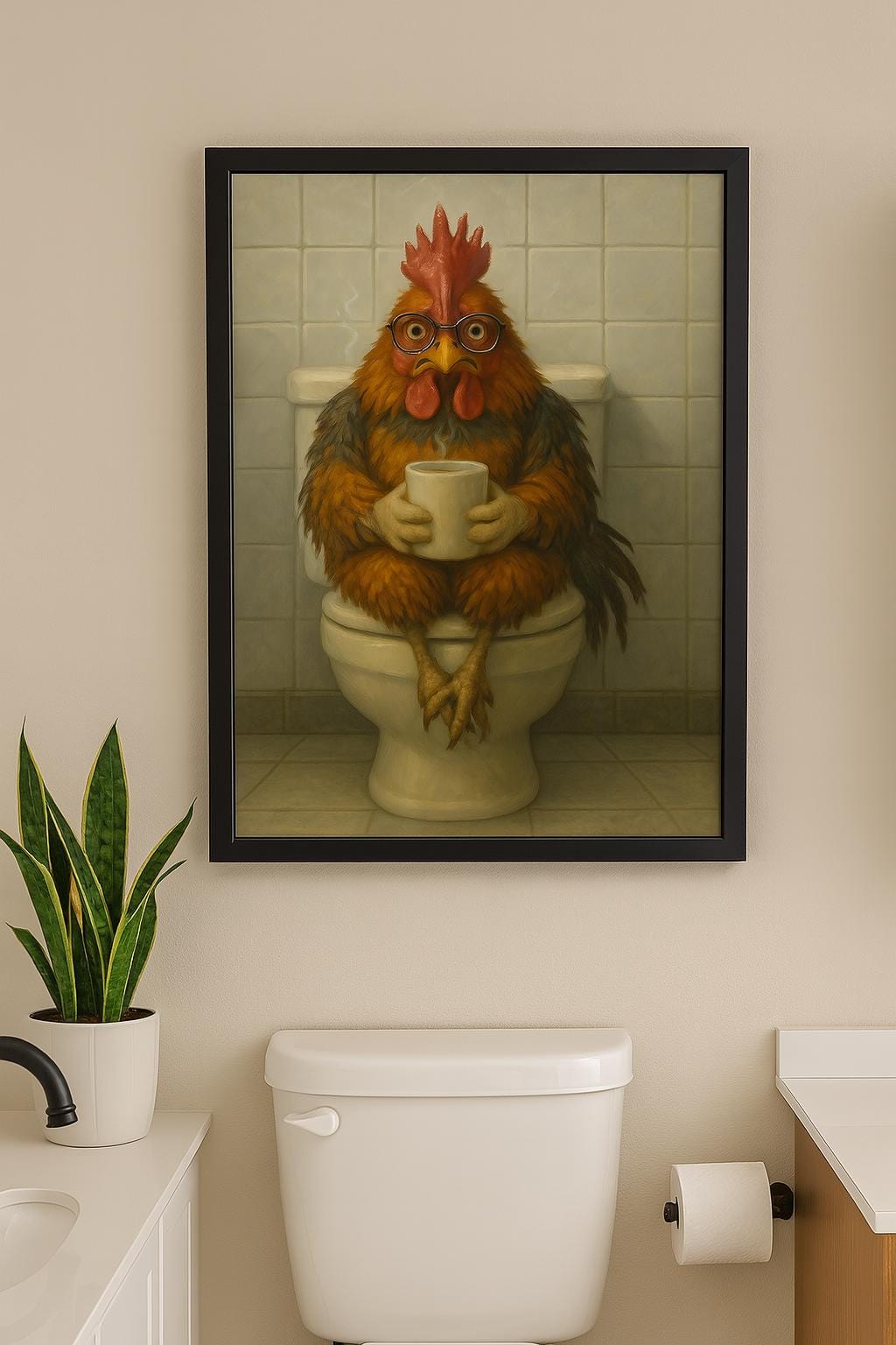 Funny Rooster Bathroom Print: Chicken on Toilet with Coffee (Digital Download)