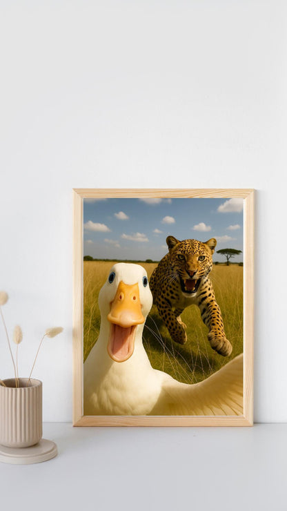 Funny Duck Selfie Print: Leopard Chase, Quirky Animal Meme (Digital Download