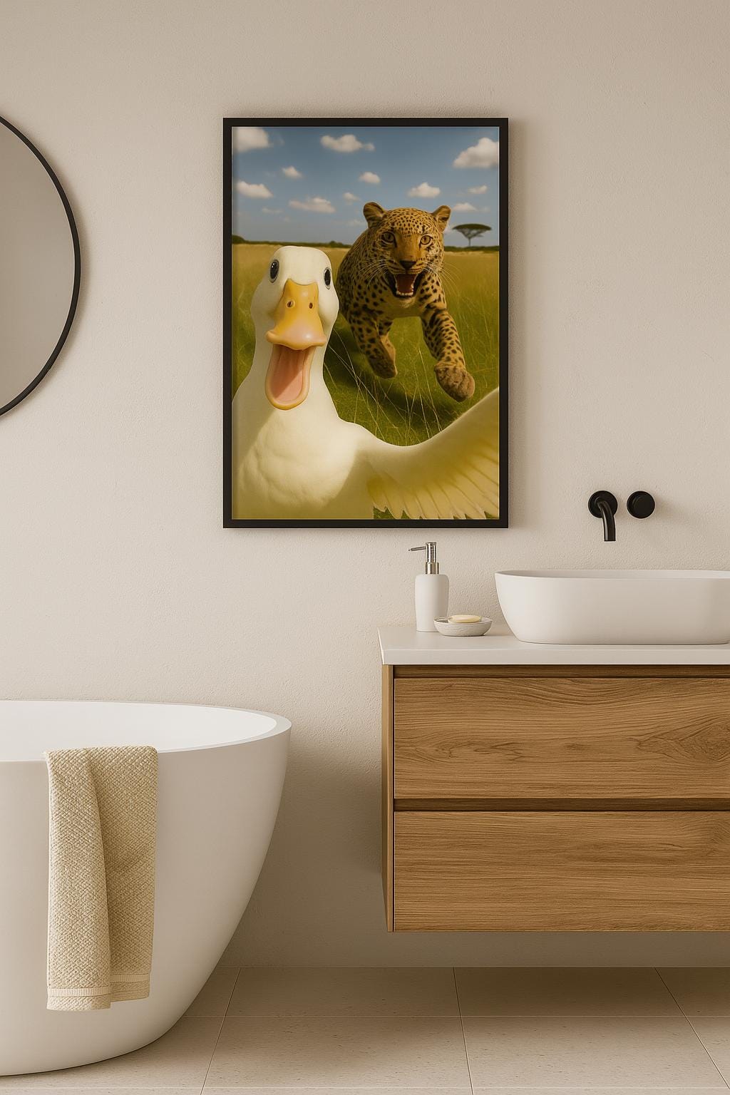 Funny Duck Selfie Print: Leopard Chase, Quirky Animal Meme (Digital Download