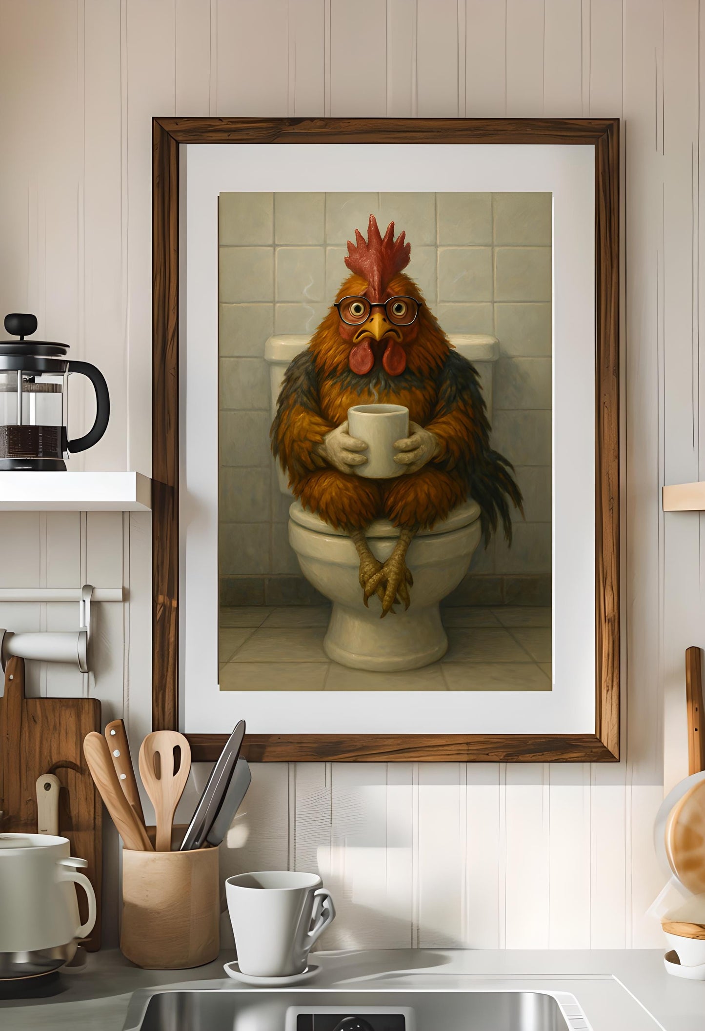 Funny Rooster Bathroom Print: Chicken on Toilet with Coffee (Digital Download)