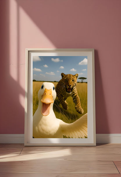 Funny Duck Selfie Print: Leopard Chase, Quirky Animal Meme (Digital Download