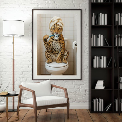 Funny Leopard Bathroom Print: Wild Cat Brushing Teeth (Digital Download)