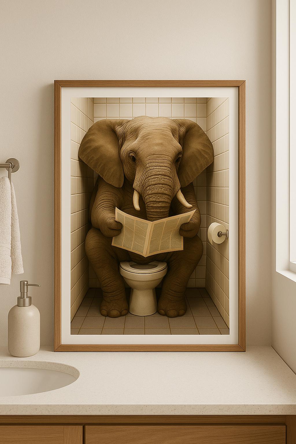 Funny Elephant Bathroom Print: Toilet Newspaper Art (Digital Download)