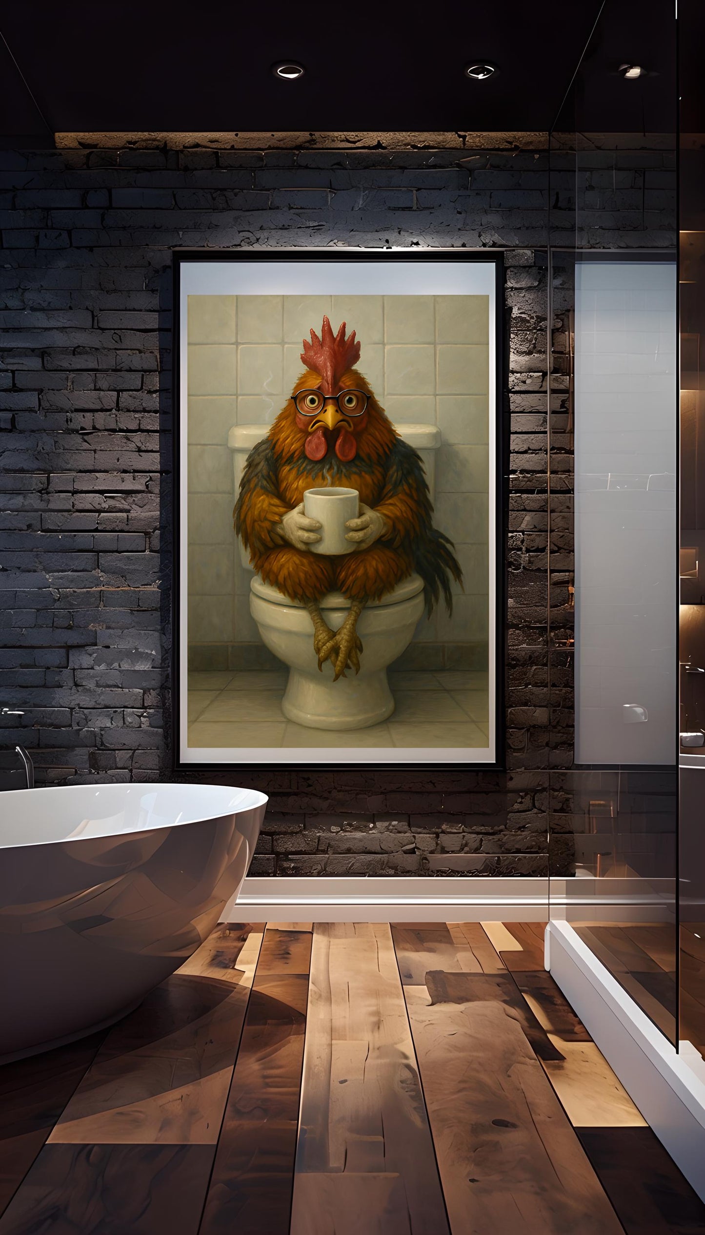 Funny Rooster Bathroom Print: Chicken on Toilet with Coffee (Digital Download)