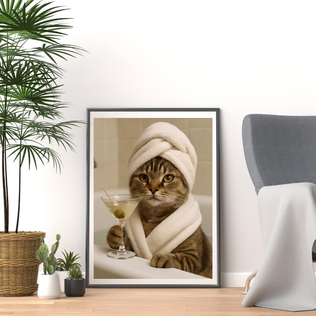 Funny Cat Martini Print: Quirky Bathroom Wall Art (Digital Download))