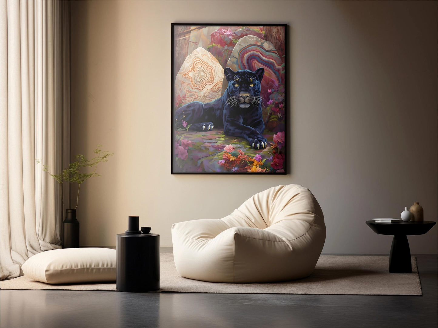 Black Panther Jungle Art Print: Mystical Cat with Crystals (Digital Download)