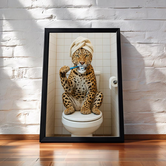 Funny Leopard Bathroom Print: Wild Cat Brushing Teeth (Digital Download)