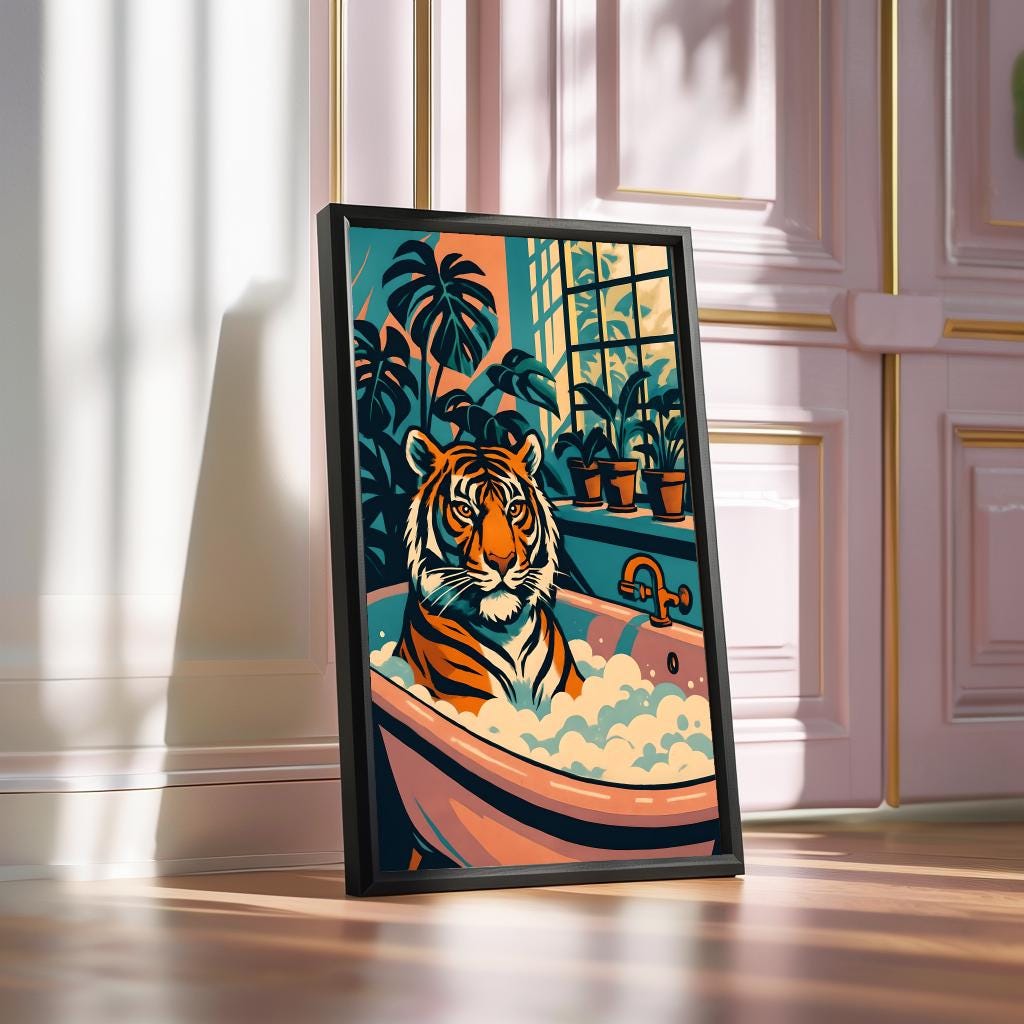 Funny Tiger in Bathtub Print: Retro Whimsical Bathroom Art (Digital Download)