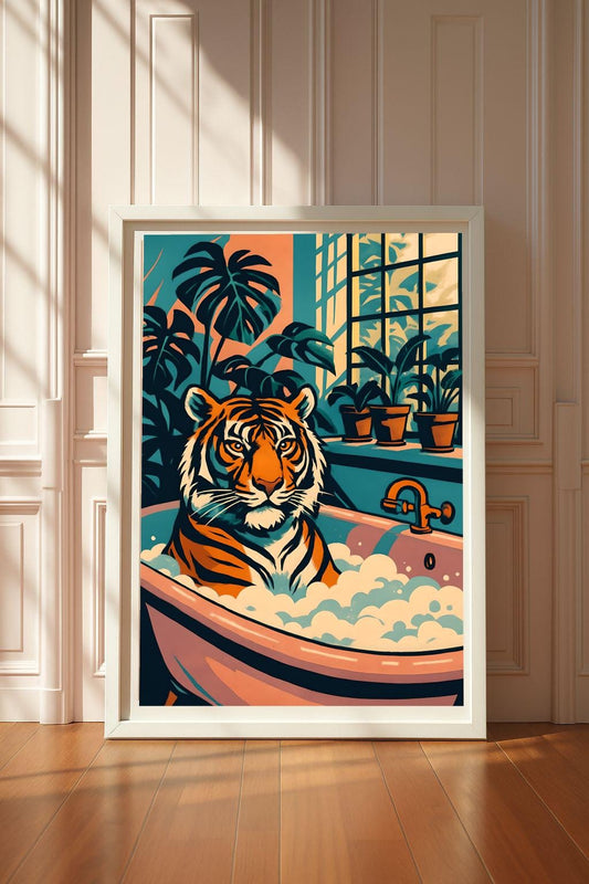 Funny Tiger in Bathtub Print: Retro Whimsical Bathroom Art (Digital Download)
