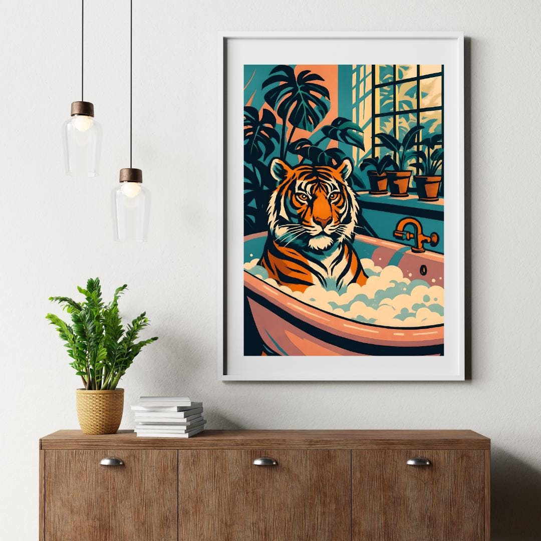 Funny Tiger in Bathtub Print: Retro Whimsical Bathroom Art (Digital Download)