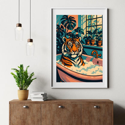 Funny Tiger in Bathtub Print: Retro Whimsical Bathroom Art (Digital Download)