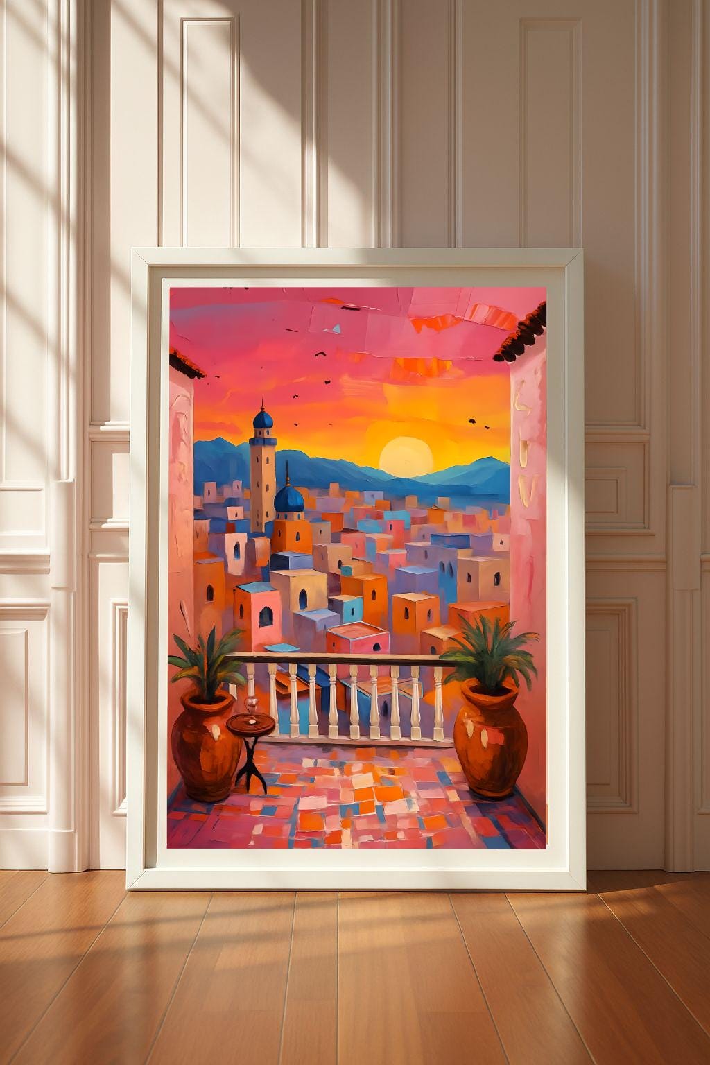 Moroccan Sunset Balcony View Print: Boho Mediterranean Wall Art (Digital Download)