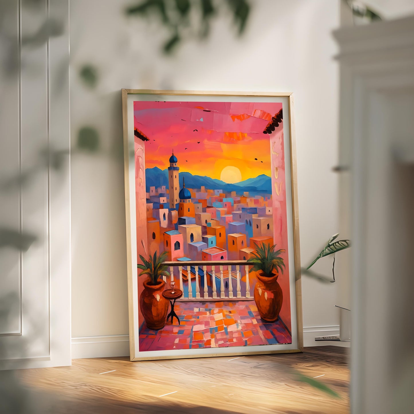 Moroccan Sunset Balcony View Print: Boho Mediterranean Wall Art (Digital Download)