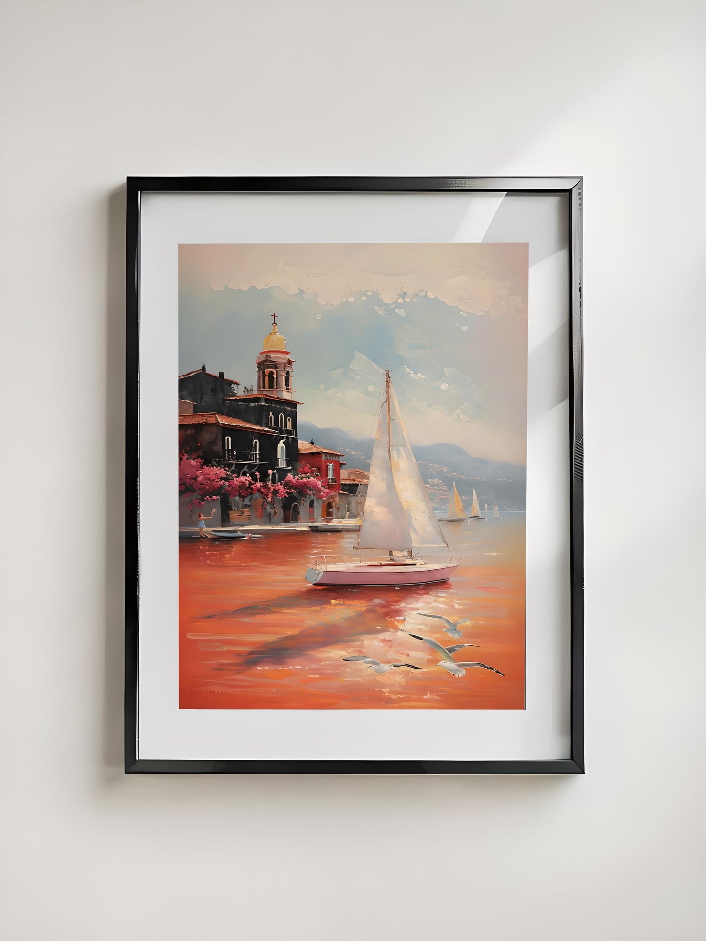 Sailing Sunset Coastal Print: Mediterranean Boat Landscape (Digital Download