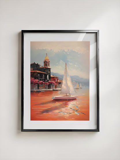 Sailing Sunset Coastal Print: Mediterranean Boat Landscape (Digital Download