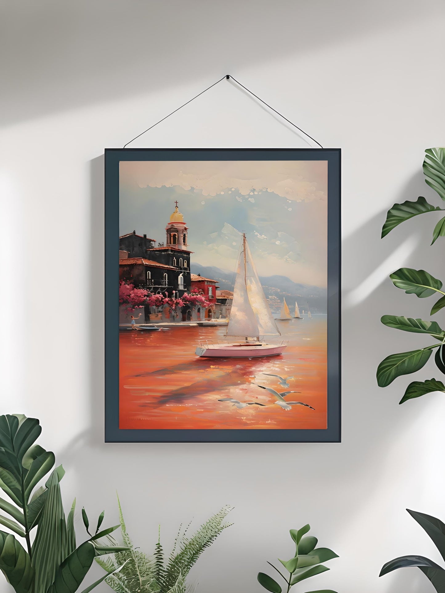 Sailing Sunset Coastal Print: Mediterranean Boat Landscape (Digital Download