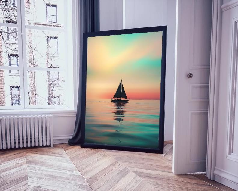 Sunset Sailboat Print: Coastal Pastel Painting, Nautical Wall Art (Digital Download))