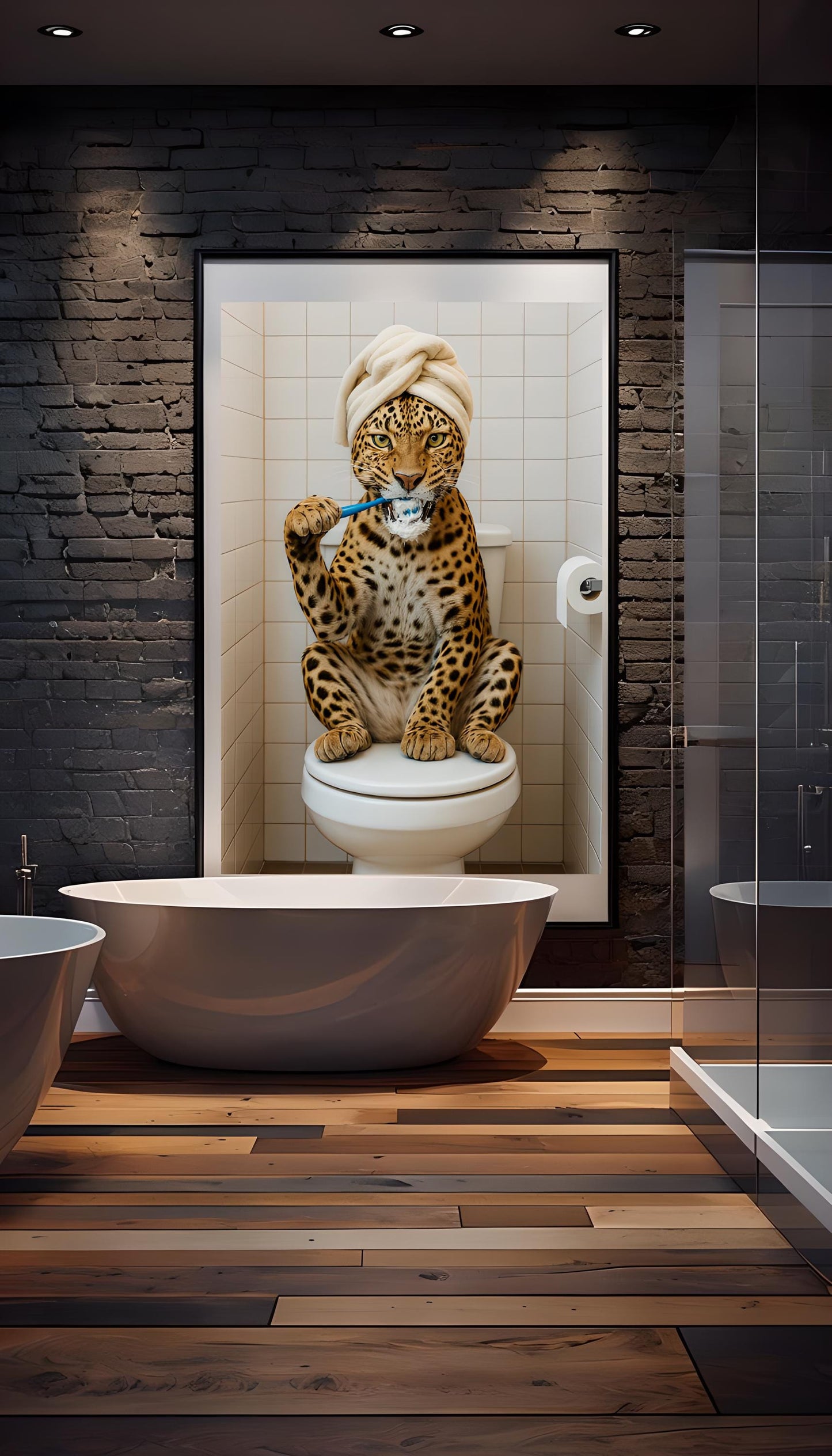 Funny Leopard Bathroom Print: Wild Cat Brushing Teeth (Digital Download)