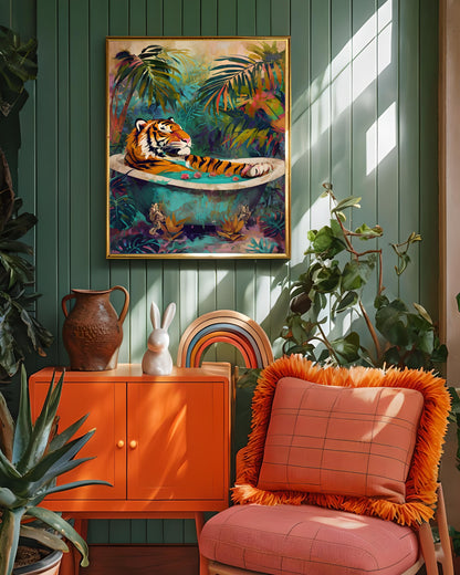 Funny Tiger in Bathtub Jungle Print: Boho Bathroom Art (Digital Download