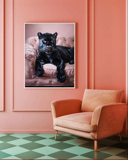 Black Panther on Pink Sofa Art Print: Modern Jungle Home Decor (Digital Download)
