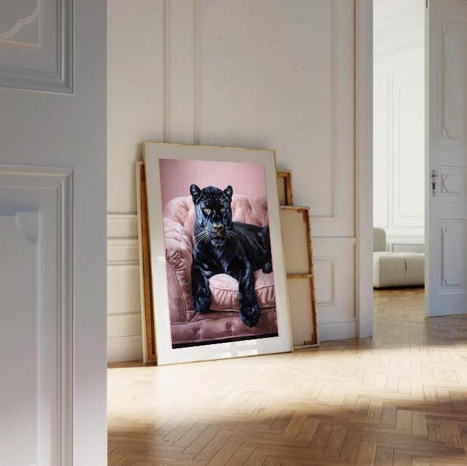 Black Panther on Pink Sofa Art Print: Modern Jungle Home Decor (Digital Download)